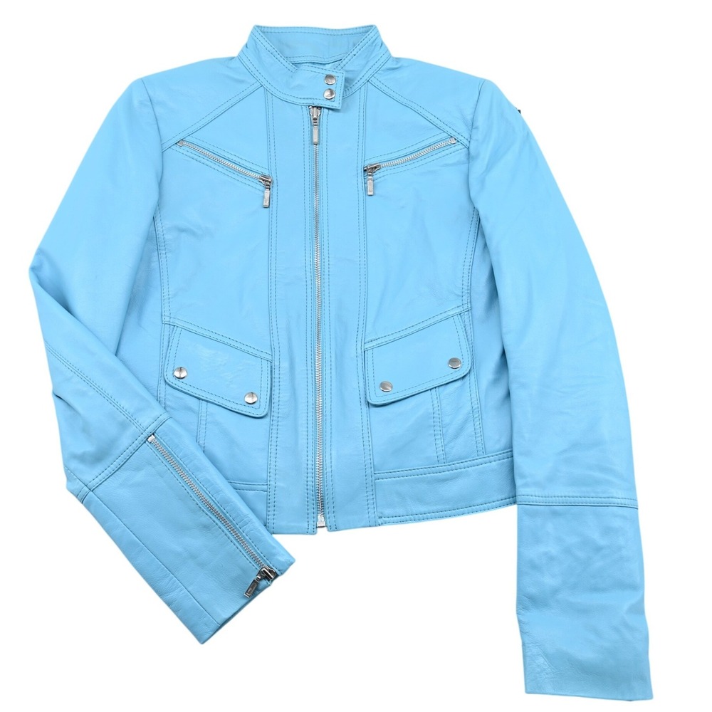 Vintage Caché Sky Blue Leather Moto Jacket Y2K Zip Fitted Pockets 6 Rare Color